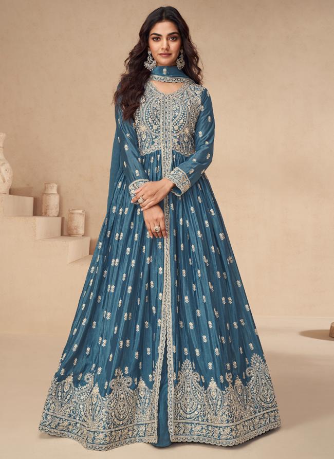 Chinnon Silk Sea Blue Wedding Wear Embroidery Work Readymade Indo Western